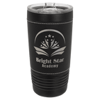 Black 20 oz. tumbler with a black leatherette wrap that engraves to silver, and a clear slider lid, shown with a sample engraving