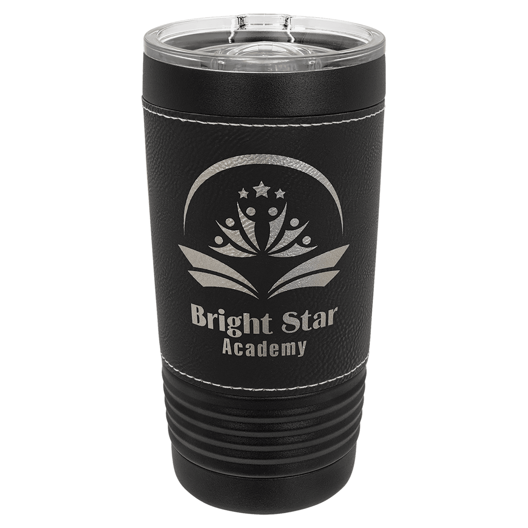 Black 20 oz. tumbler with a black leatherette wrap that engraves to silver, and a clear slider lid, shown with a sample engraving