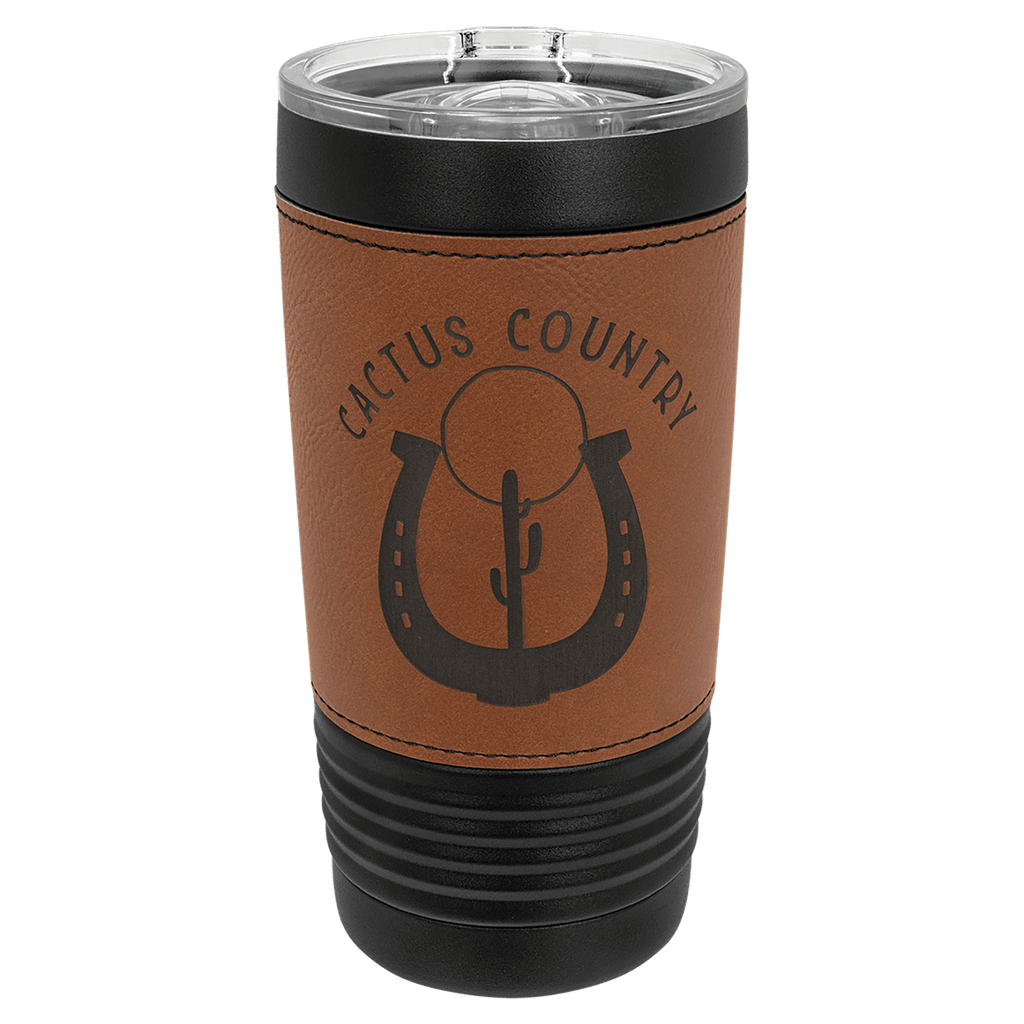 Black 20 oz. tumbler with a rawhide tan leatherette wrap and clear slider lid, shown with a sample engraving