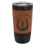 Black 20 oz. tumbler with a rawhide tan leatherette wrap and clear slider lid, shown with a sample engraving