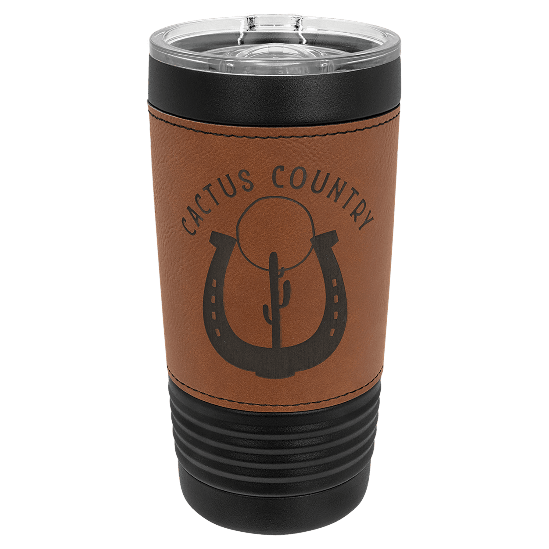 Black 20 oz. tumbler with a rawhide tan leatherette wrap and clear slider lid, shown with a sample engraving
