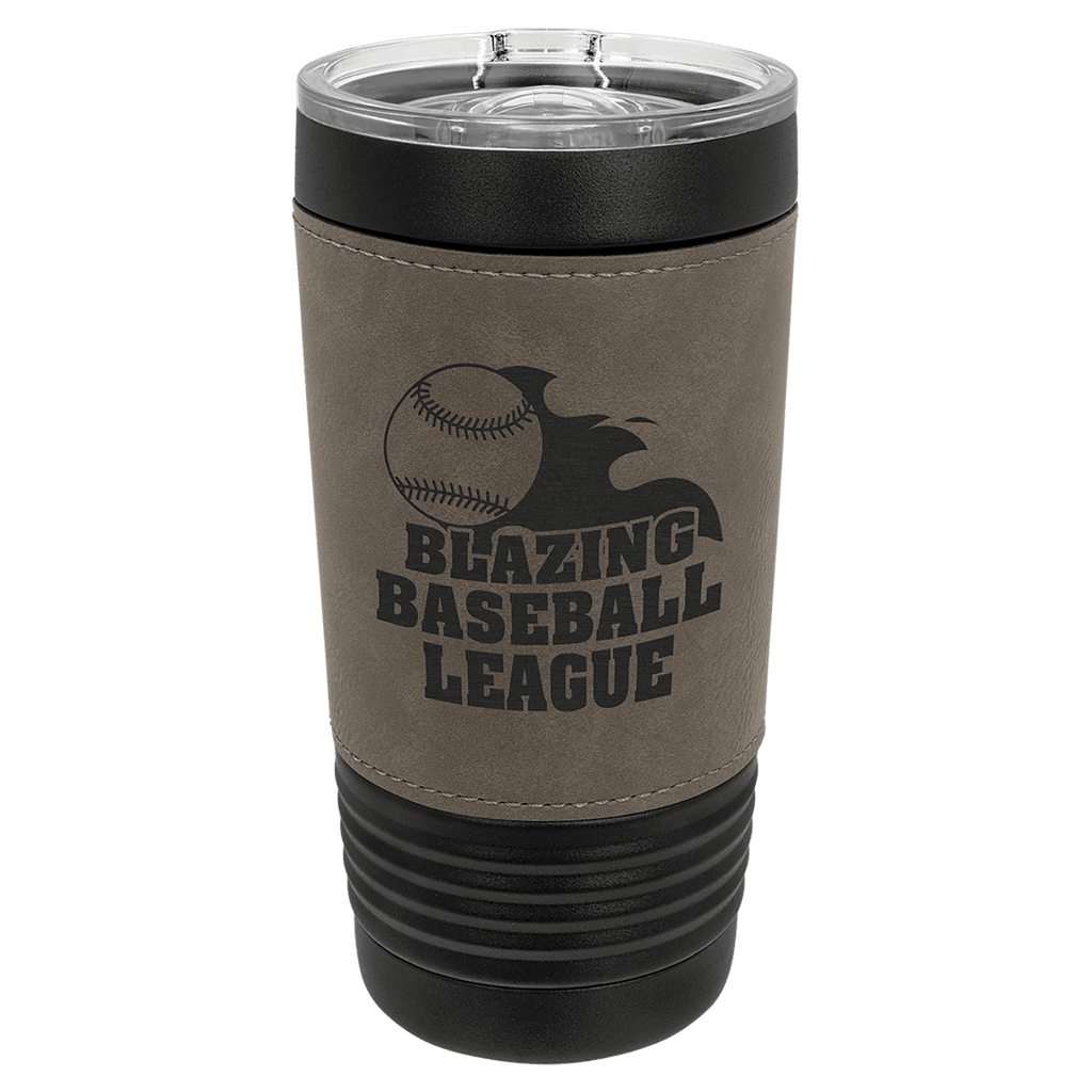 Black 20 oz. tumbler with a gray leatherette wrap and clear slider lid, shown with a sample engraving