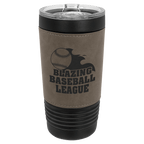 Black 20 oz. tumbler with a gray leatherette wrap and clear slider lid, shown with a sample engraving