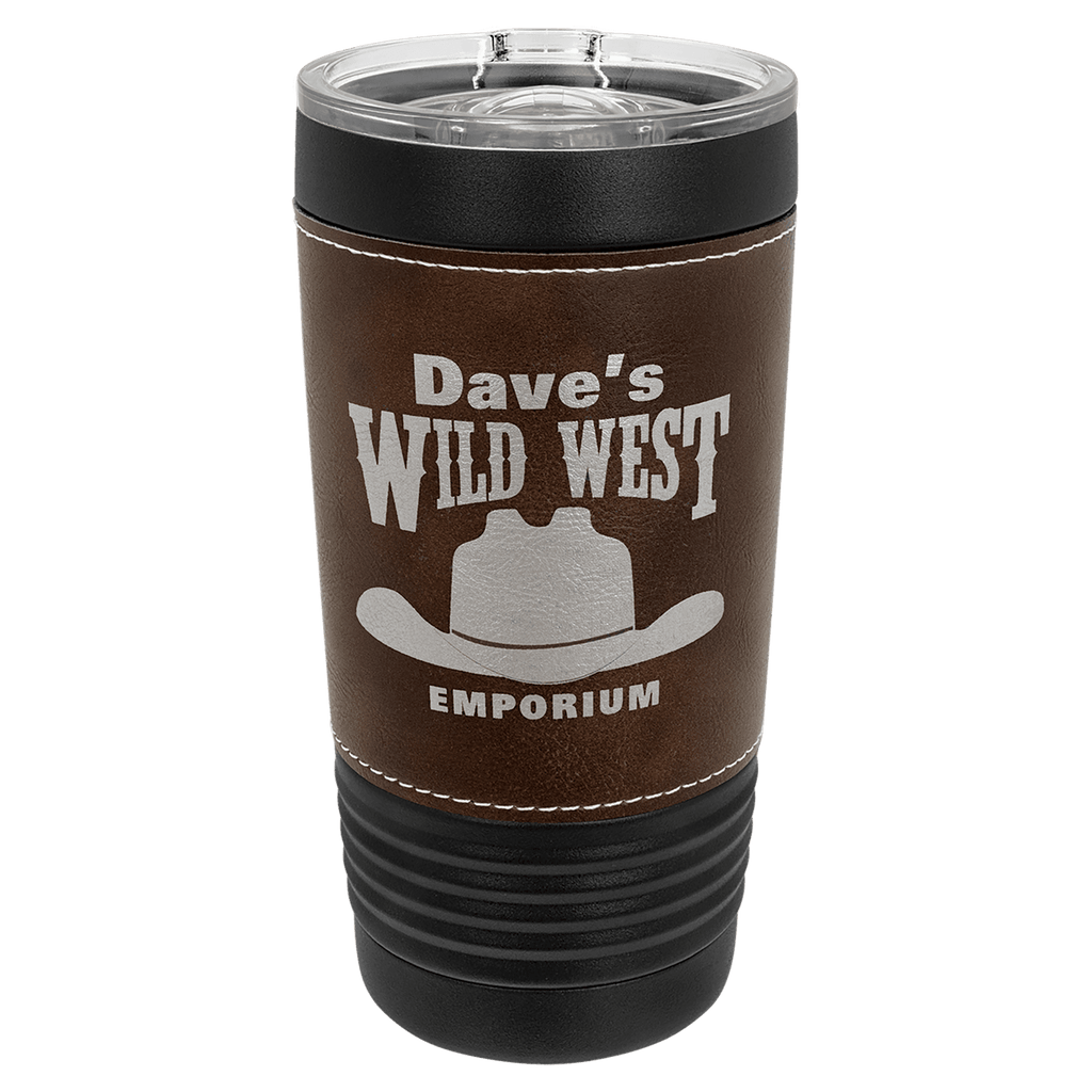 Black 20 oz. tumbler with a rustic brown leatherette wrap and clear slider lid, shown with a sample engraving