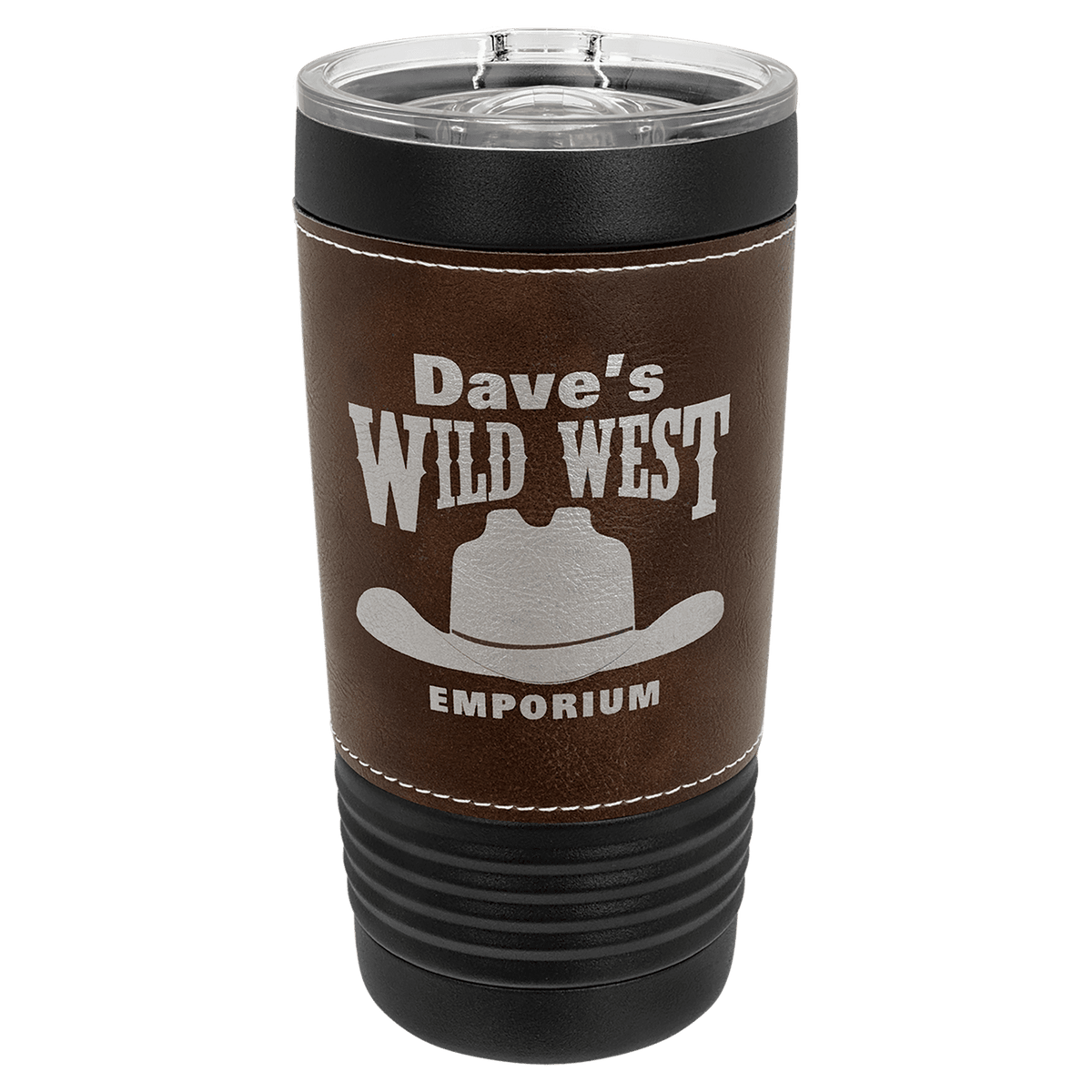 Black 20 oz. tumbler with a rustic brown leatherette wrap and clear slider lid, shown with a sample engraving