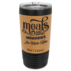 Black 20 oz. tumbler with a bamboo-tone leatherette wrap and clear slider lid, shown with a sample engraving