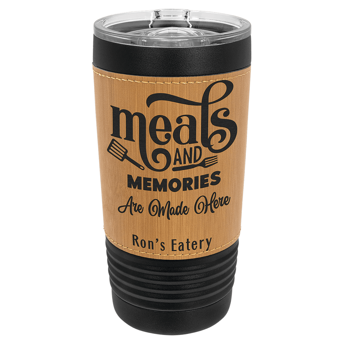Black 20 oz. tumbler with a bamboo-tone leatherette wrap and clear slider lid, shown with a sample engraving