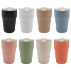 All eight colors of the 13 oz. ceramic-lined stackable tumbler lined up in two rows with clear slider lids