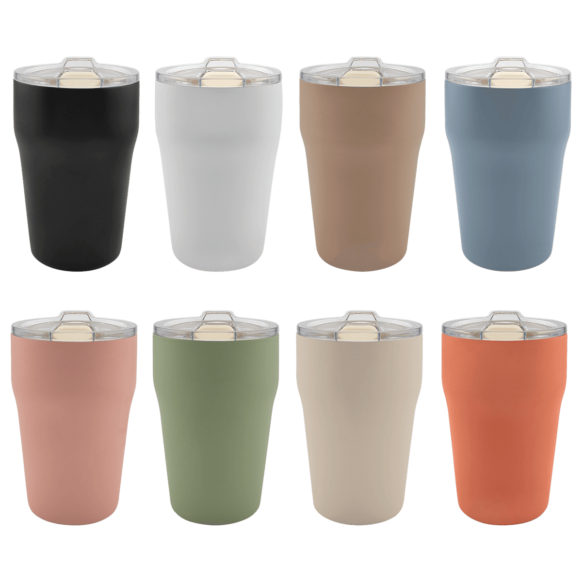 All eight colors of the 13 oz. ceramic-lined stackable tumbler lined up in two rows with clear slider lids