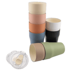 Ceramic-lined stackable tumblers nested in a stack, showing the cream ceramic interior and a slider lid