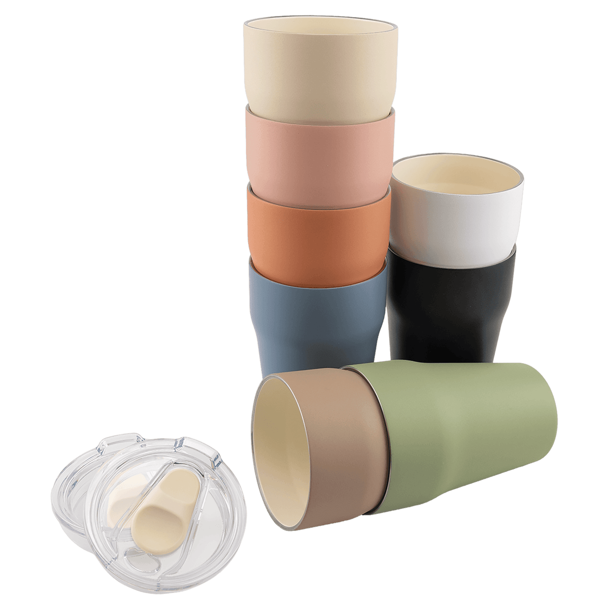 Ceramic-lined stackable tumblers nested in a stack, showing the cream ceramic interior and a slider lid