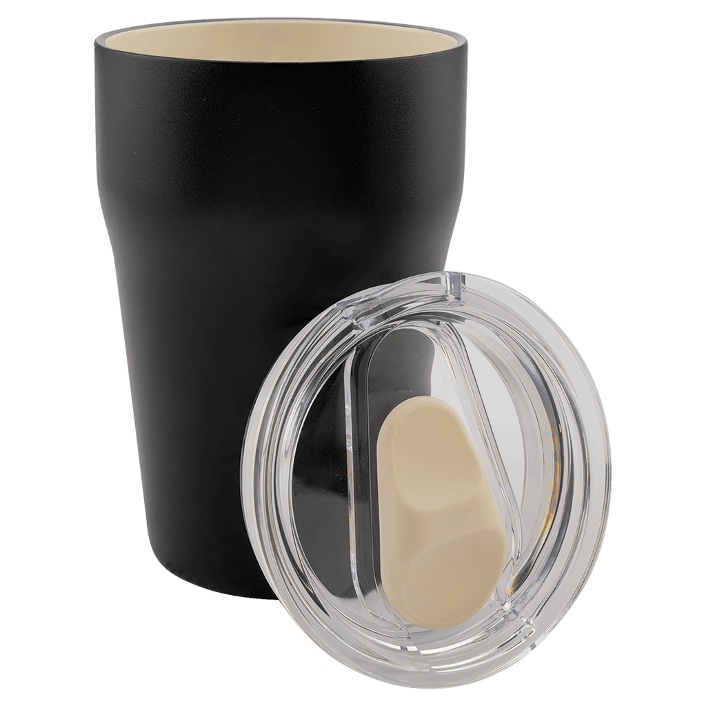 Black 13 oz. ceramic-lined tumbler with its clear slider lid removed