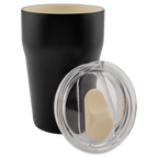 Black 13 oz. ceramic-lined tumbler with its clear slider lid removed