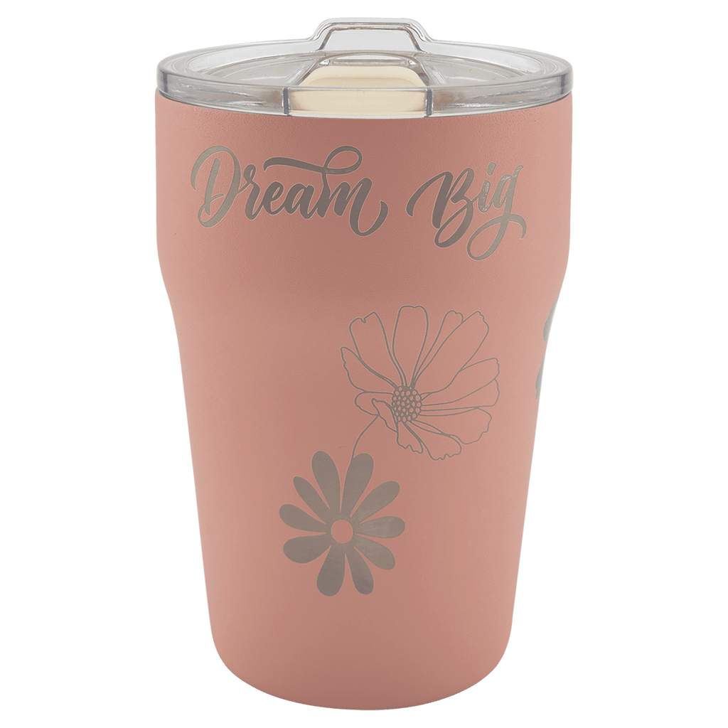 Dusty rose 13 oz. ceramic-lined stackable tumbler with clear slider lid, laser engraved with Dream Big and wildflowers in silver