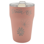 Dusty rose 13 oz. ceramic-lined stackable tumbler with clear slider lid, laser engraved with Dream Big and wildflowers in silver
