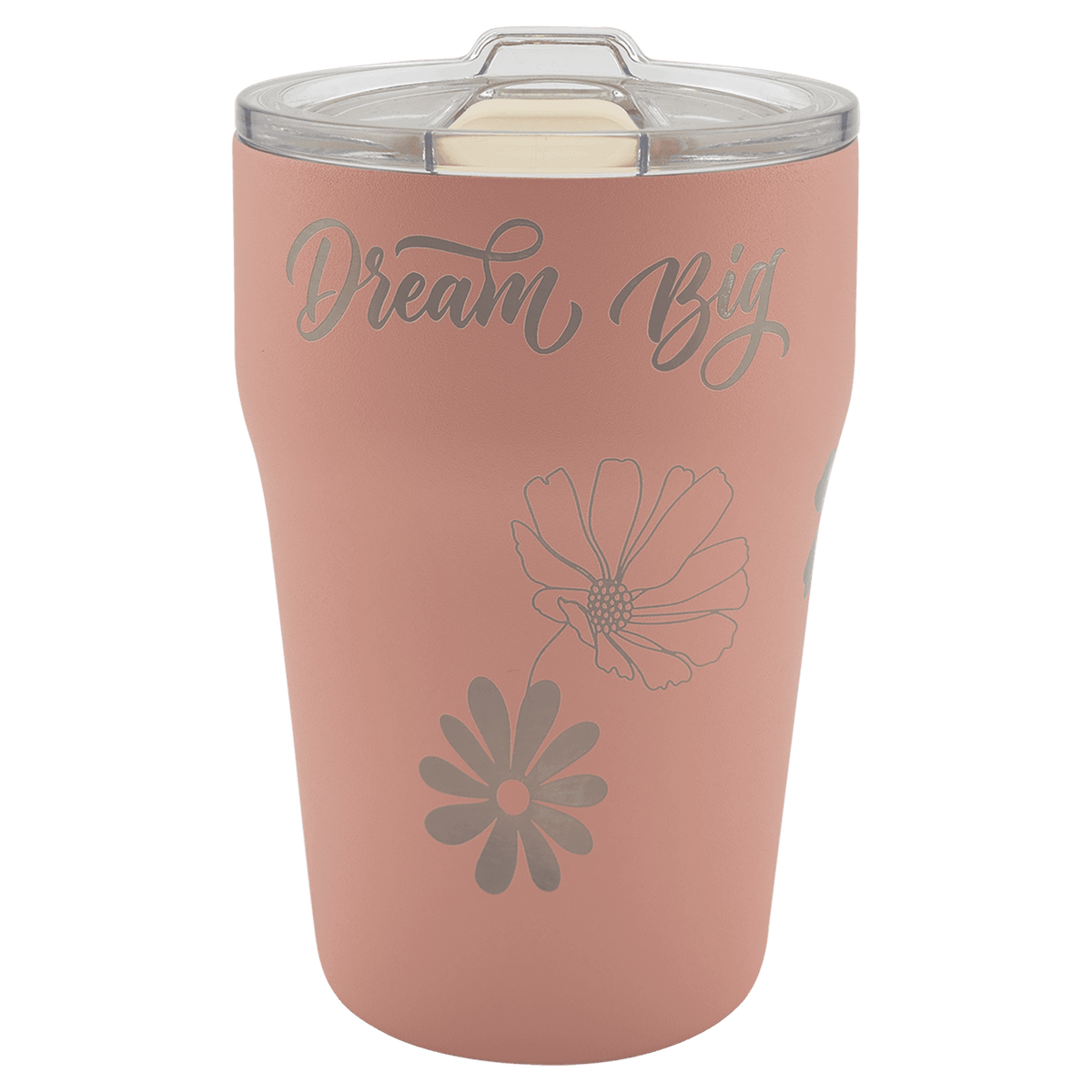 Dusty rose 13 oz. ceramic-lined stackable tumbler with clear slider lid, laser engraved with Dream Big and wildflowers in silver