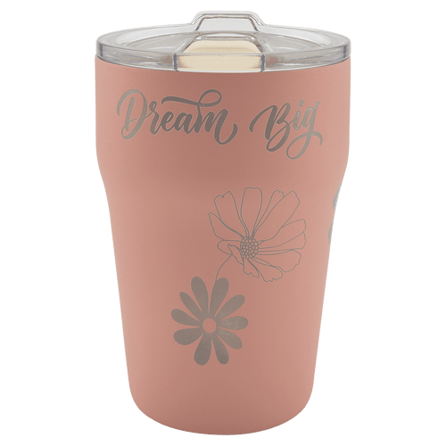 Dusty rose 13 oz. ceramic-lined stackable tumbler with clear slider lid, laser engraved with Dream Big and wildflowers in silver