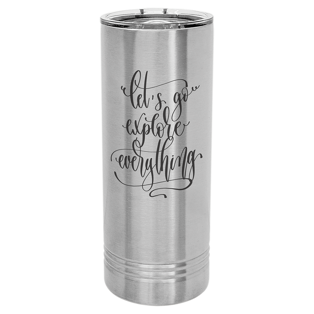 Brushed stainless steel 22 oz. skinny tumbler with a clear slider lid, shown with a sample engraving