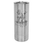 Brushed stainless steel 22 oz. skinny tumbler with a clear slider lid, shown with a sample engraving