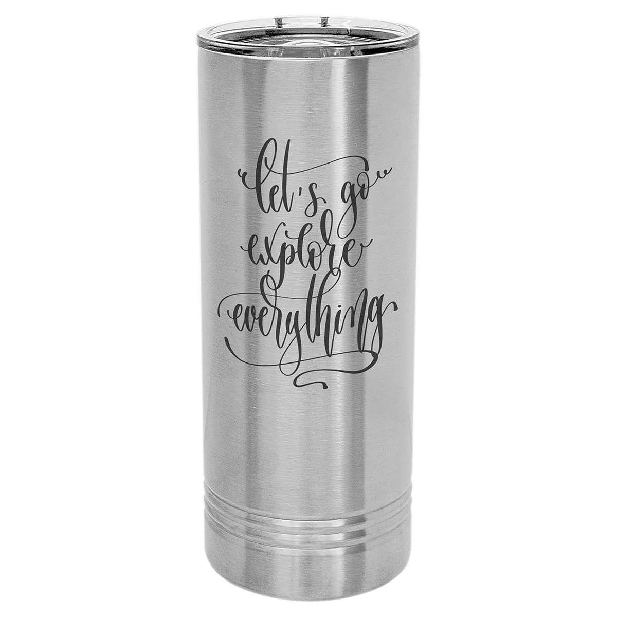 Brushed stainless steel 22 oz. skinny tumbler with a clear slider lid, shown with a sample engraving