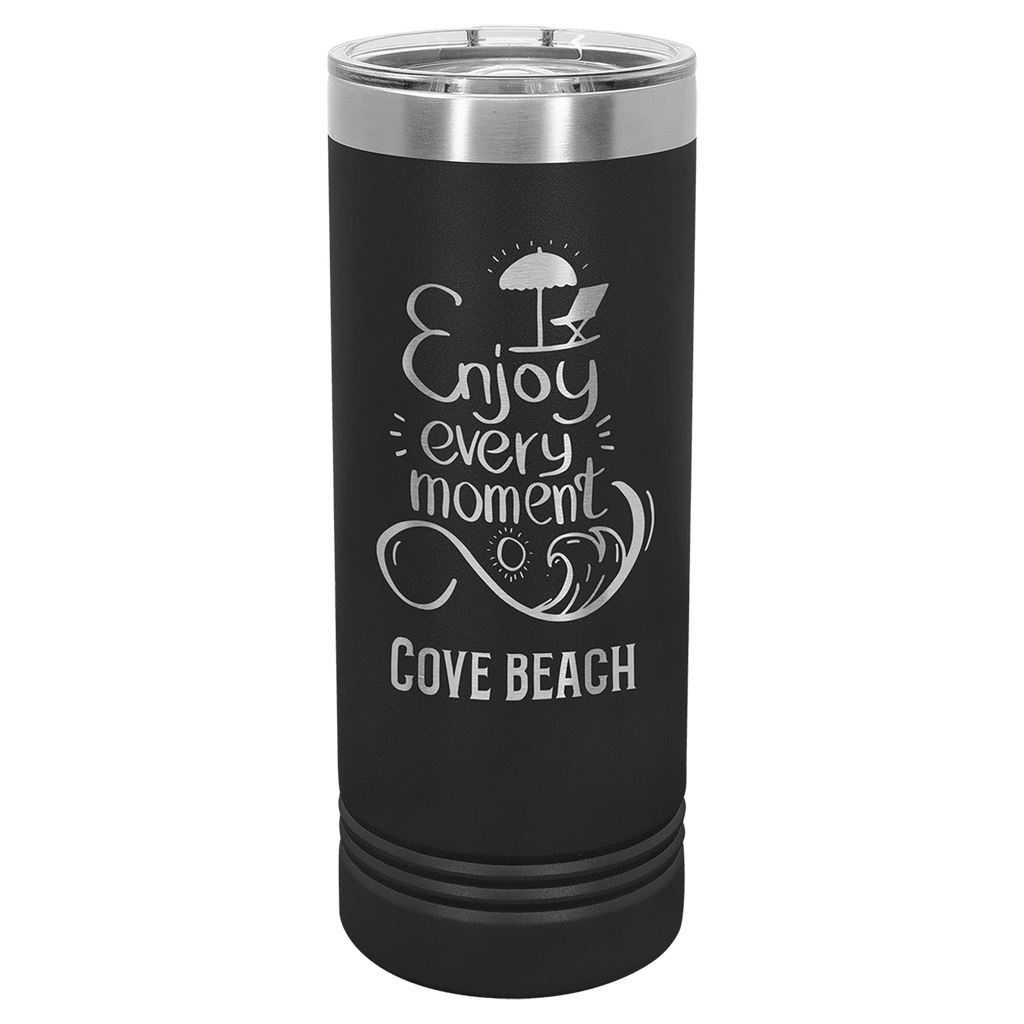 Black powder-coated 22 oz. skinny tumbler with a stainless steel rim and clear slider lid, shown with a sample engraving