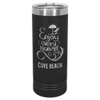 Black powder-coated 22 oz. skinny tumbler with a stainless steel rim and clear slider lid, shown with a sample engraving
