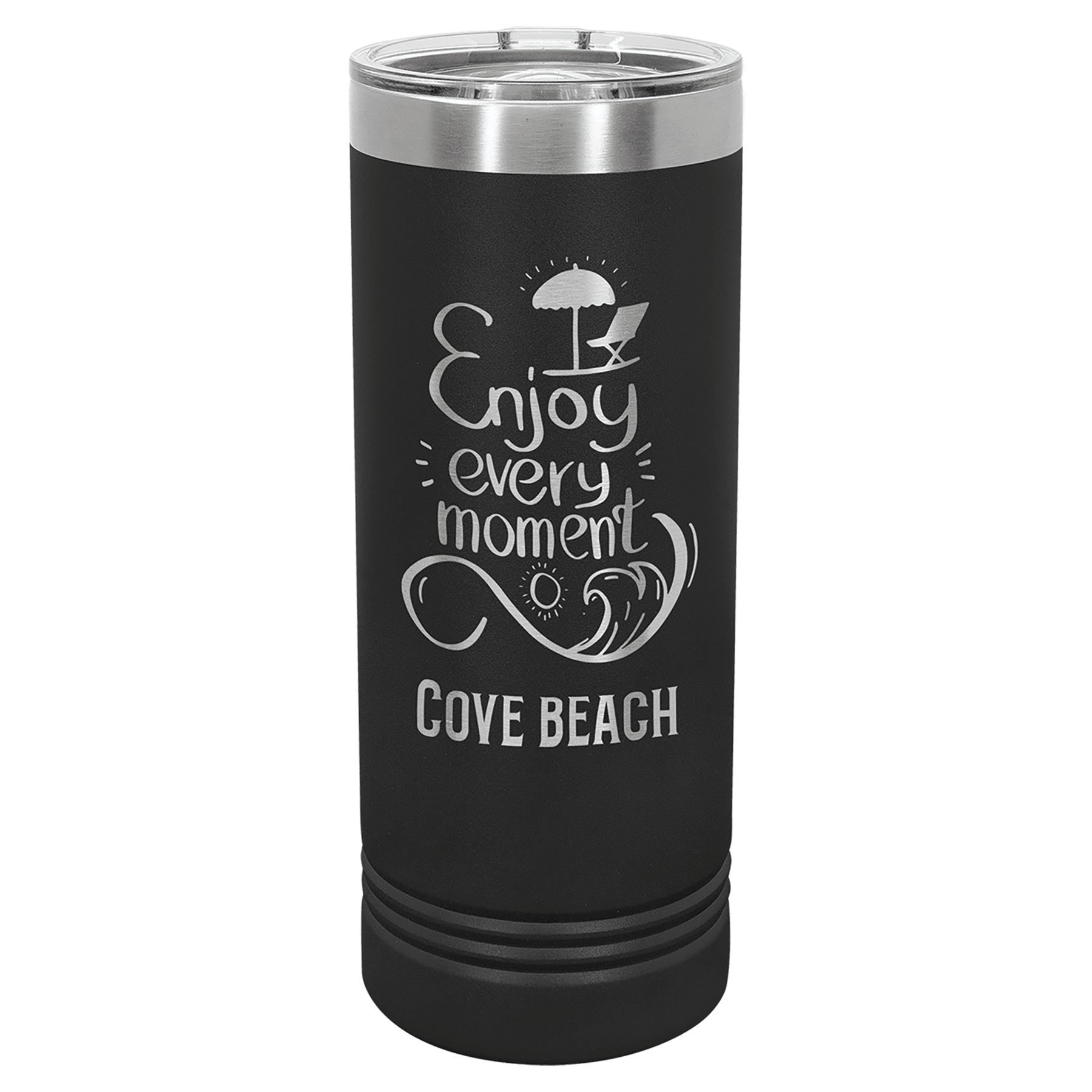 Black powder-coated 22 oz. skinny tumbler with a stainless steel rim and clear slider lid, shown with a sample engraving