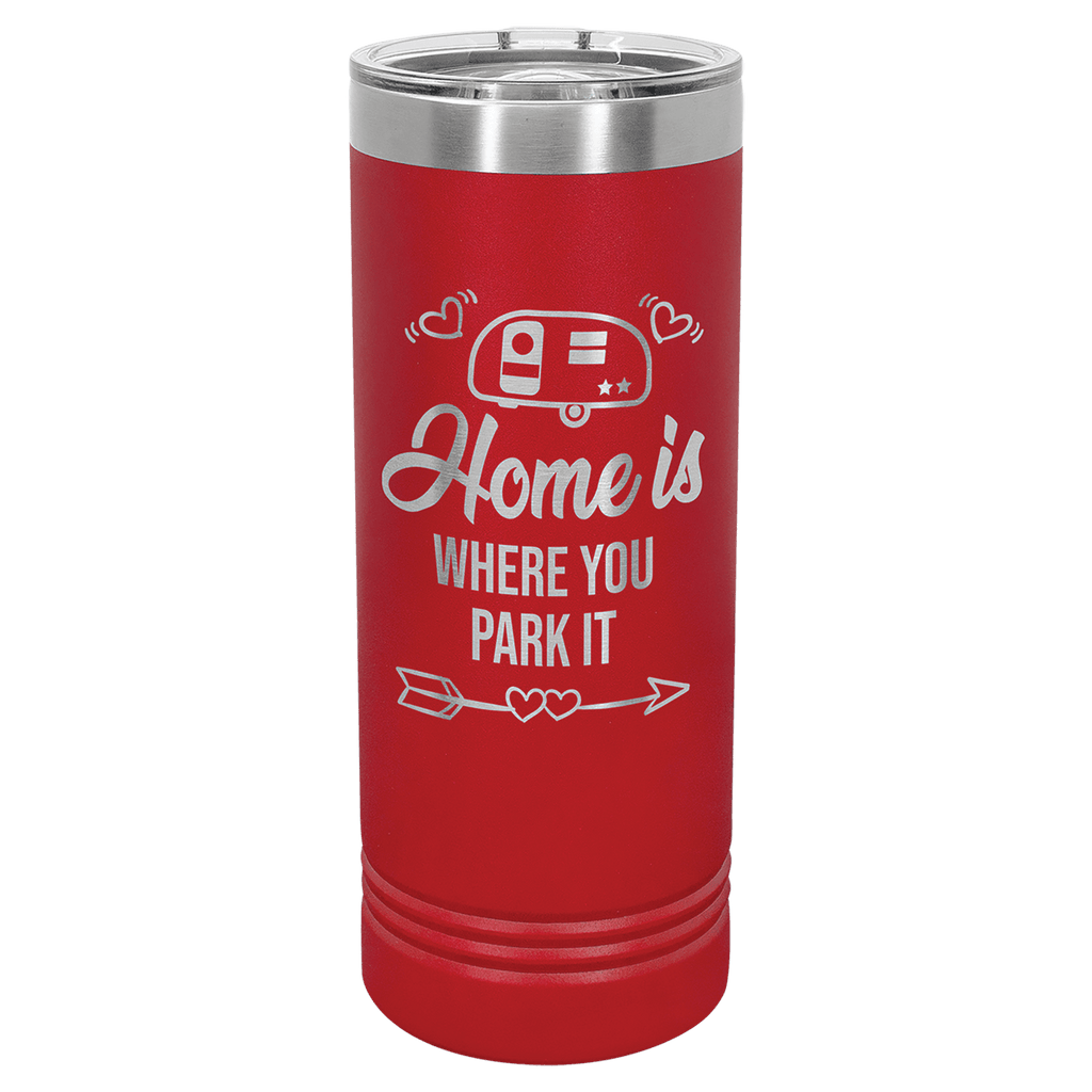 Red powder-coated 22 oz. skinny tumbler with a stainless steel rim and clear slider lid, shown with a sample engraving