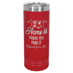 Red powder-coated 22 oz. skinny tumbler with a stainless steel rim and clear slider lid, shown with a sample engraving