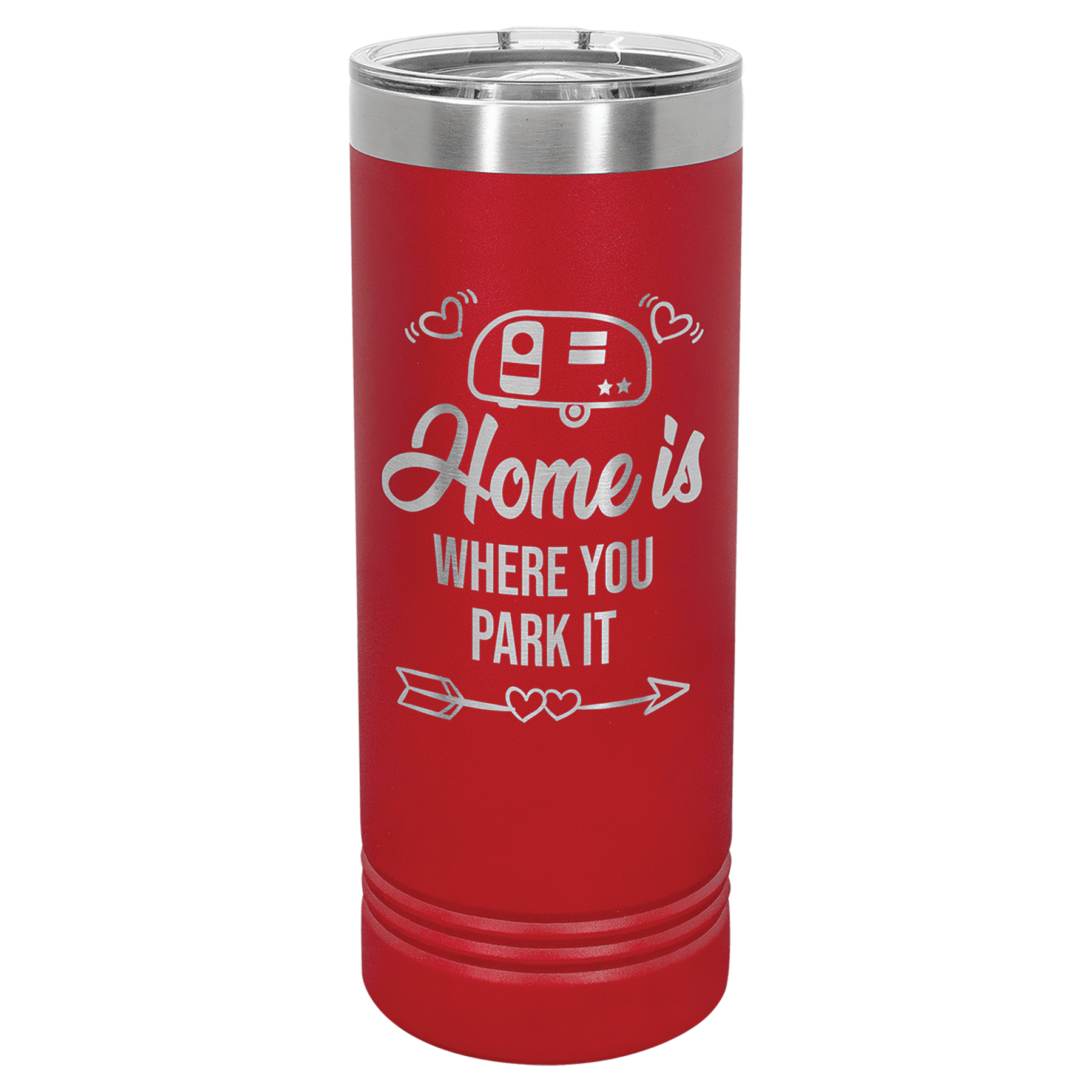 Red powder-coated 22 oz. skinny tumbler with a stainless steel rim and clear slider lid, shown with a sample engraving