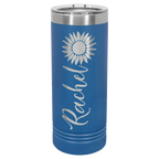 Royal blue powder-coated 22 oz. skinny tumbler with a stainless steel rim and clear slider lid, shown with a sample engraving