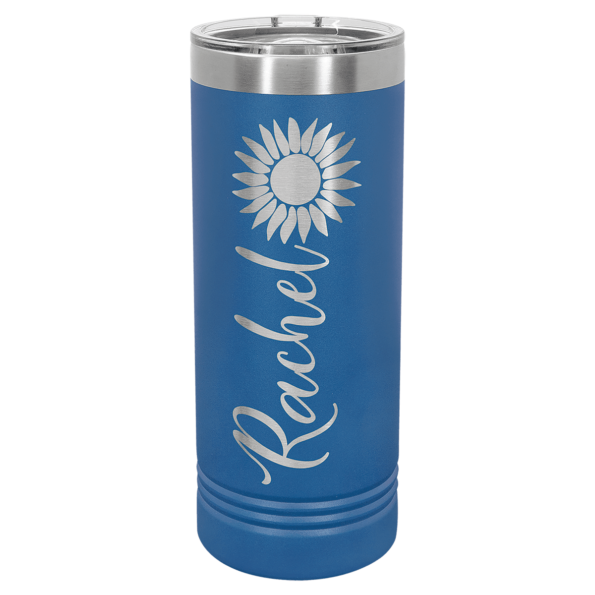 Royal blue powder-coated 22 oz. skinny tumbler with a stainless steel rim and clear slider lid, shown with a sample engraving