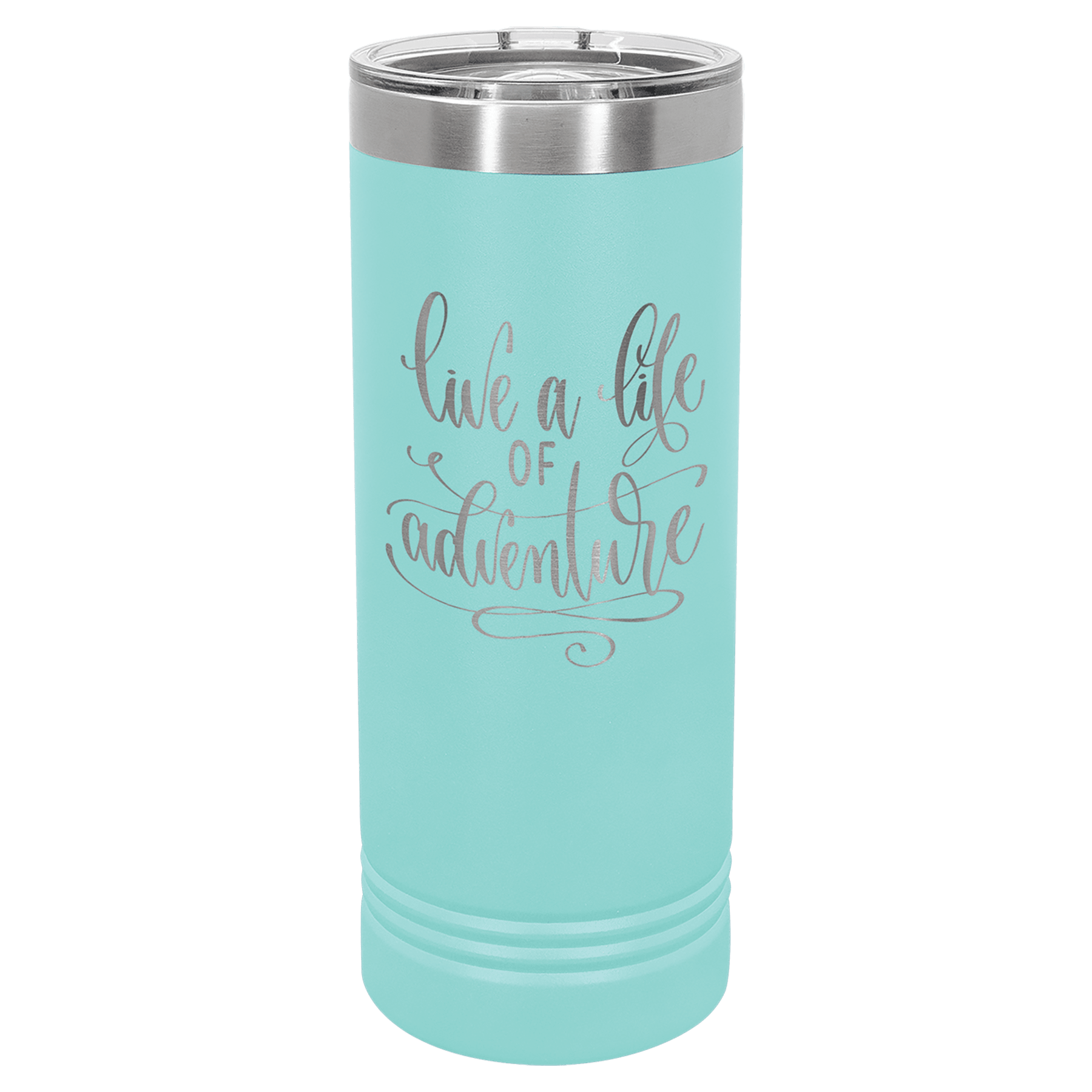 Teal powder-coated 22 oz. skinny tumbler with a stainless steel rim and clear slider lid, shown with a sample engraving