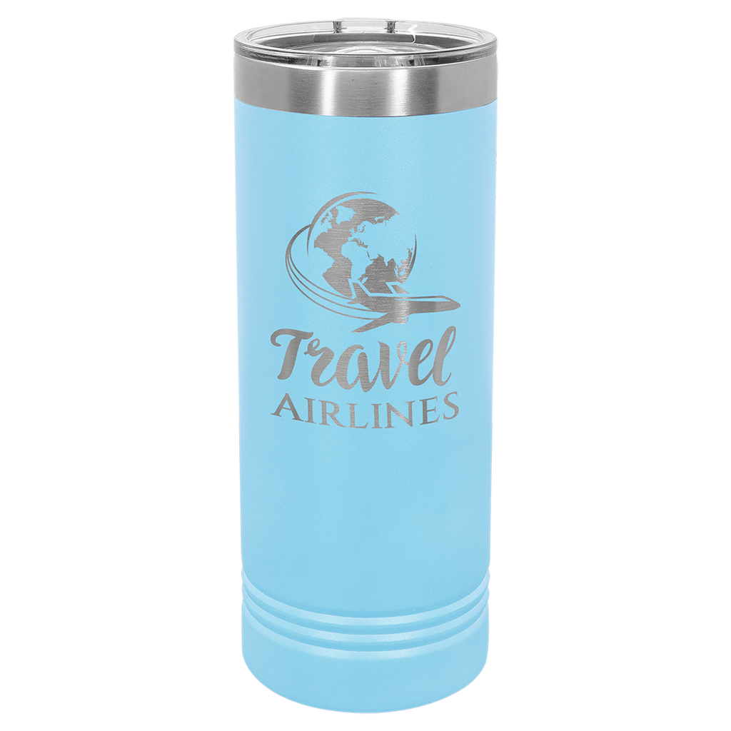 Light blue powder-coated 22 oz. skinny tumbler with a stainless steel rim and clear slider lid, shown with a sample engraving