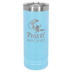 Light blue powder-coated 22 oz. skinny tumbler with a stainless steel rim and clear slider lid, shown with a sample engraving
