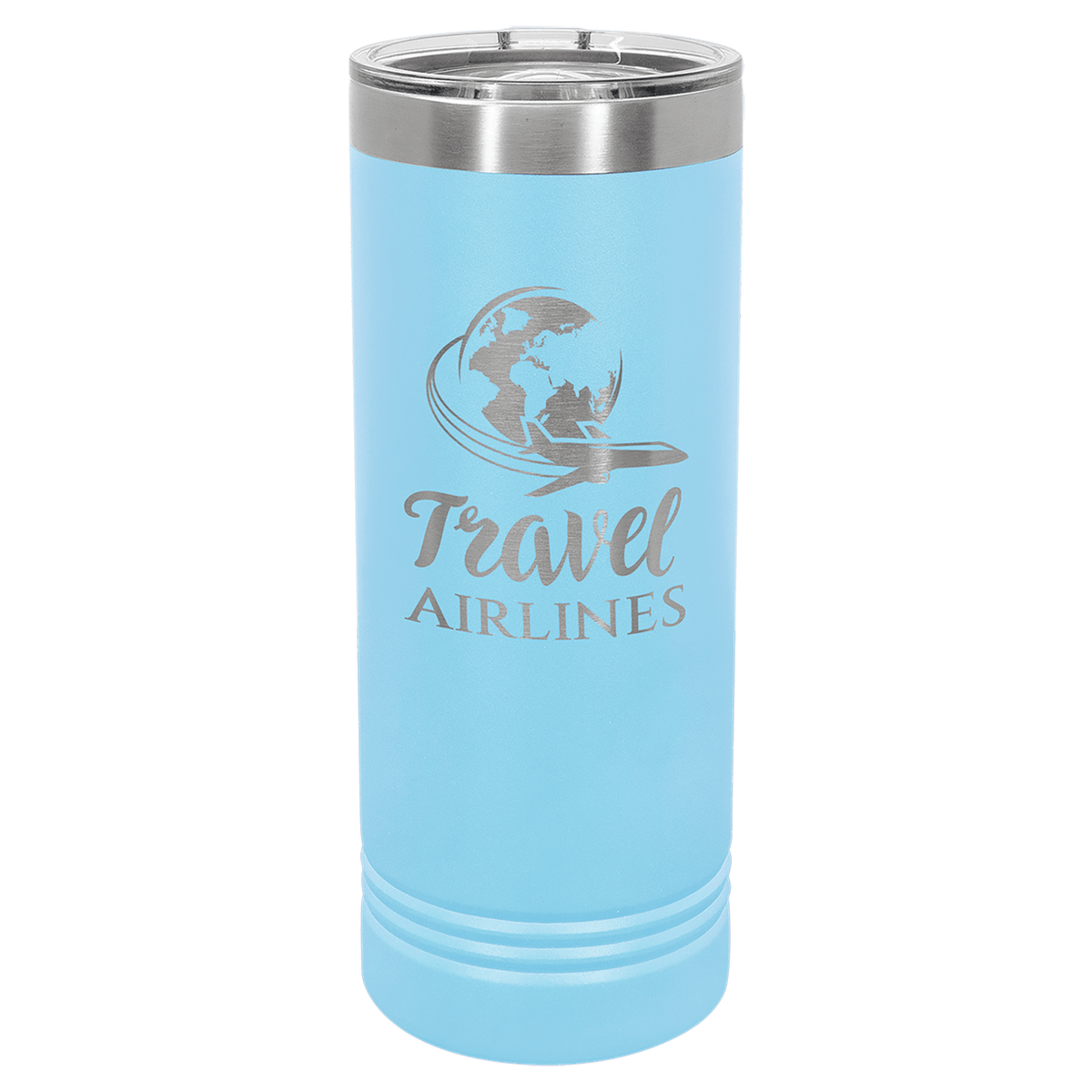 Light blue powder-coated 22 oz. skinny tumbler with a stainless steel rim and clear slider lid, shown with a sample engraving