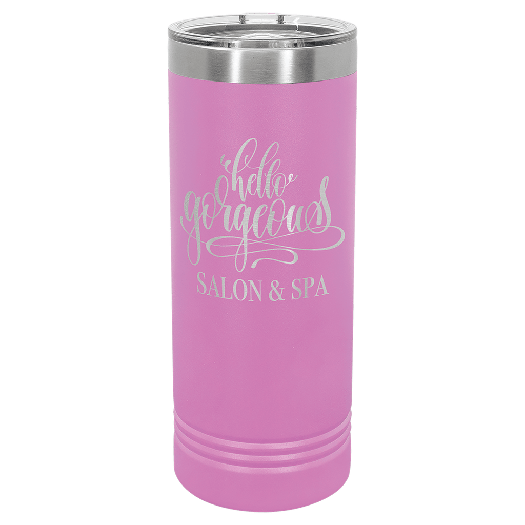 Light purple powder-coated 22 oz. skinny tumbler with a stainless steel rim and clear slider lid, shown with a sample engraving