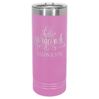 Light purple powder-coated 22 oz. skinny tumbler with a stainless steel rim and clear slider lid, shown with a sample engraving