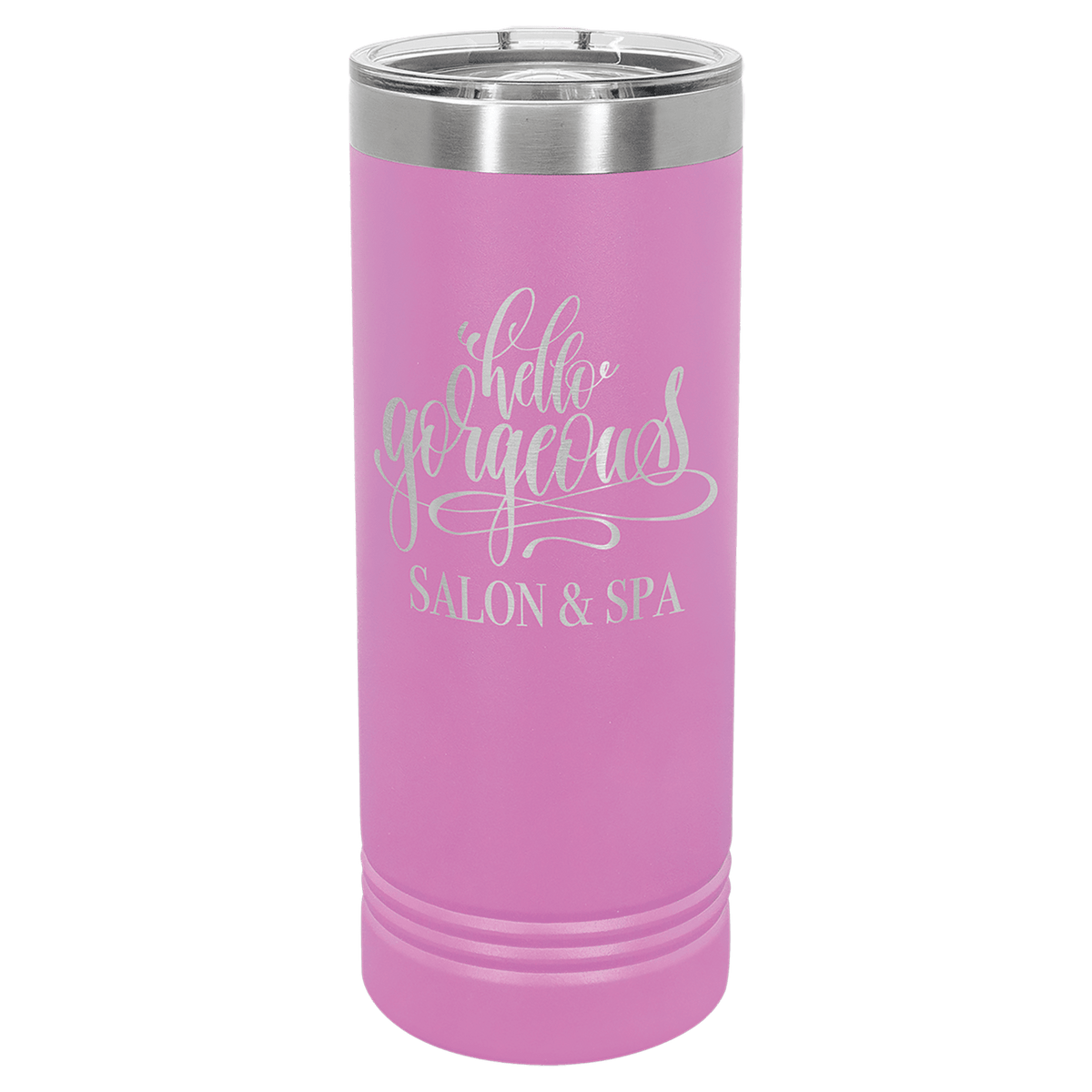 Light purple powder-coated 22 oz. skinny tumbler with a stainless steel rim and clear slider lid, shown with a sample engraving