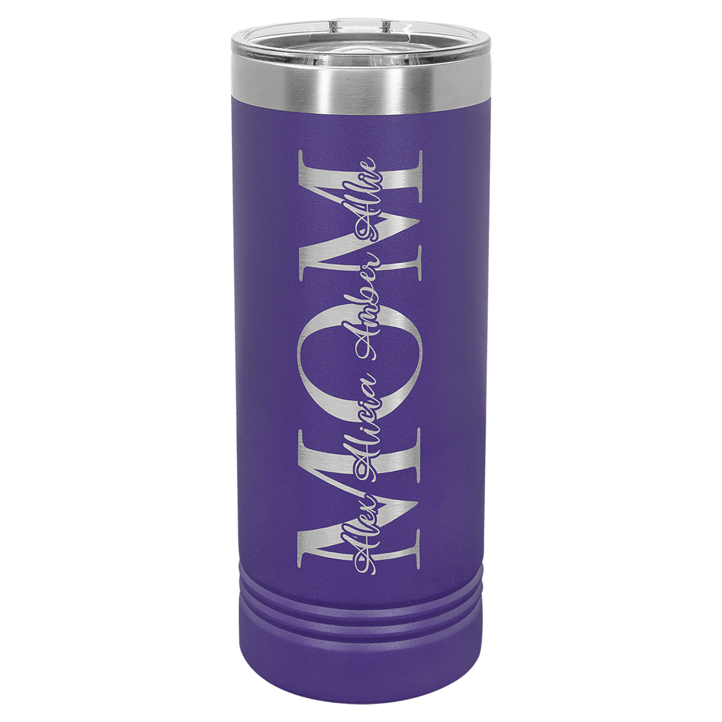 Purple powder-coated 22 oz. skinny tumbler with a stainless steel rim and clear slider lid, shown with a sample engraving