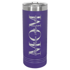 Purple powder-coated 22 oz. skinny tumbler with a stainless steel rim and clear slider lid, shown with a sample engraving