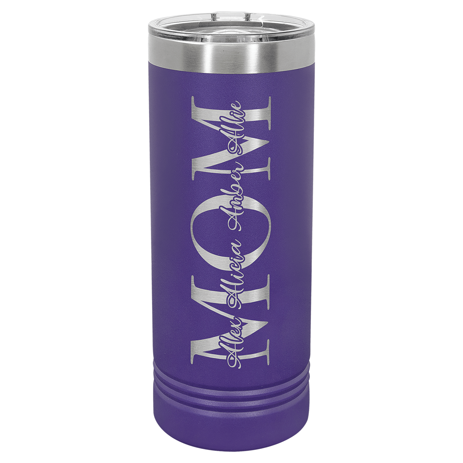 Purple powder-coated 22 oz. skinny tumbler with a stainless steel rim and clear slider lid, shown with a sample engraving