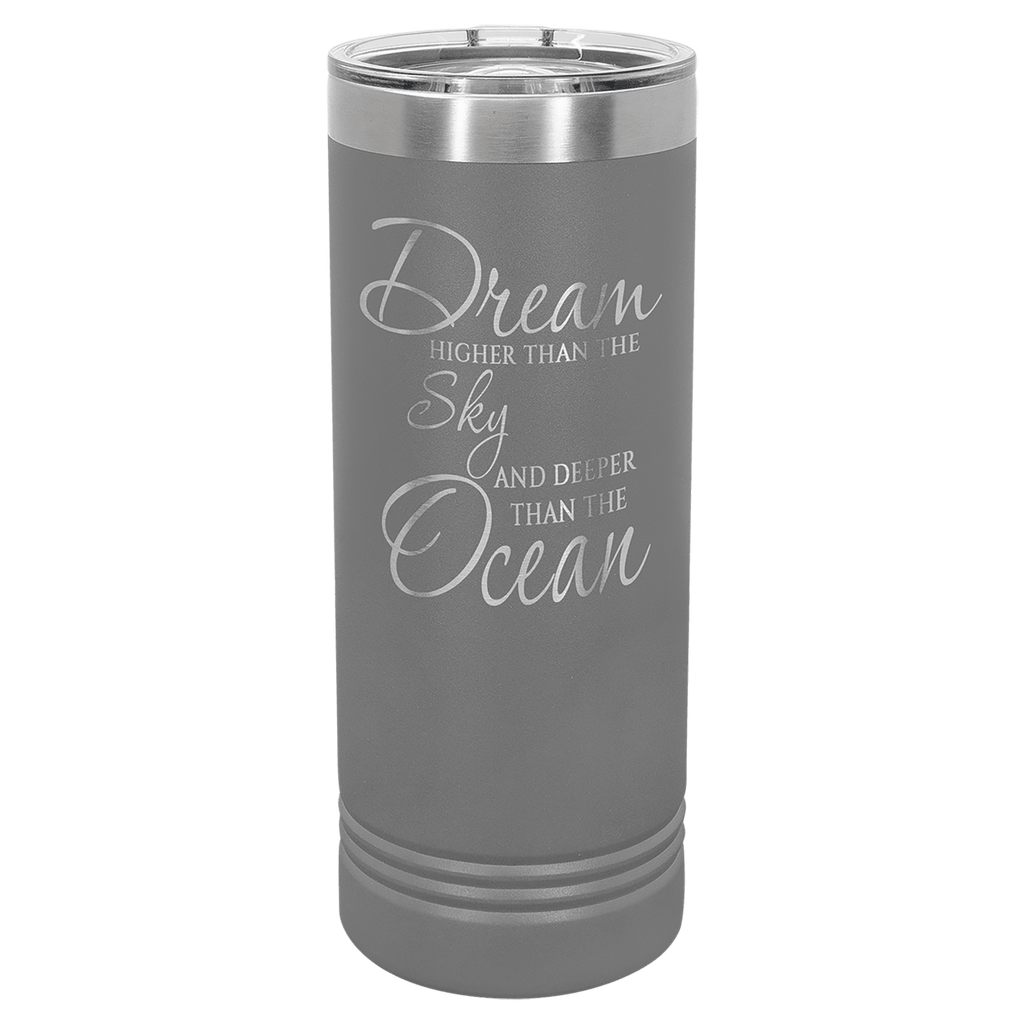 Dark gray powder-coated 22 oz. skinny tumbler with a stainless steel rim and clear slider lid, shown with a sample engraving