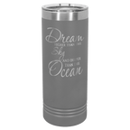 Dark gray powder-coated 22 oz. skinny tumbler with a stainless steel rim and clear slider lid, shown with a sample engraving