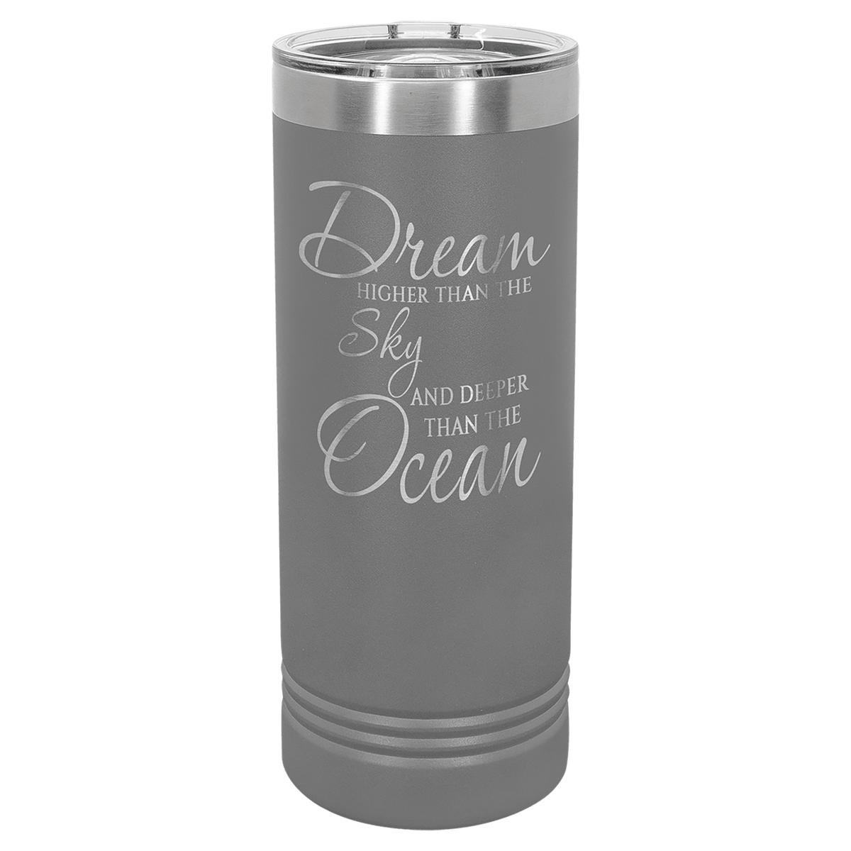 Dark gray powder-coated 22 oz. skinny tumbler with a stainless steel rim and clear slider lid, shown with a sample engraving