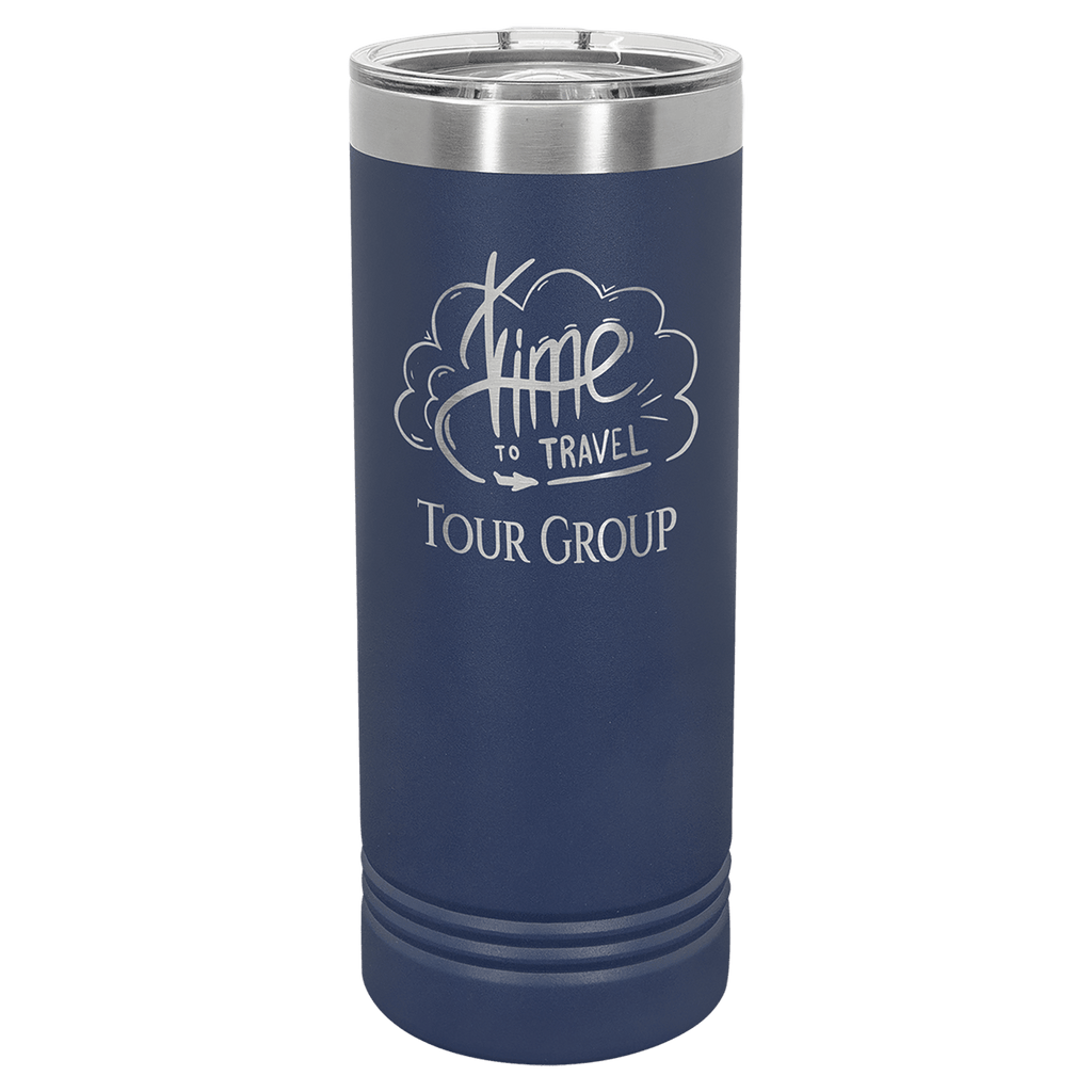 Navy blue powder-coated 22 oz. skinny tumbler with a stainless steel rim and clear slider lid, shown with a sample engraving