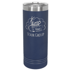 Navy blue powder-coated 22 oz. skinny tumbler with a stainless steel rim and clear slider lid, shown with a sample engraving