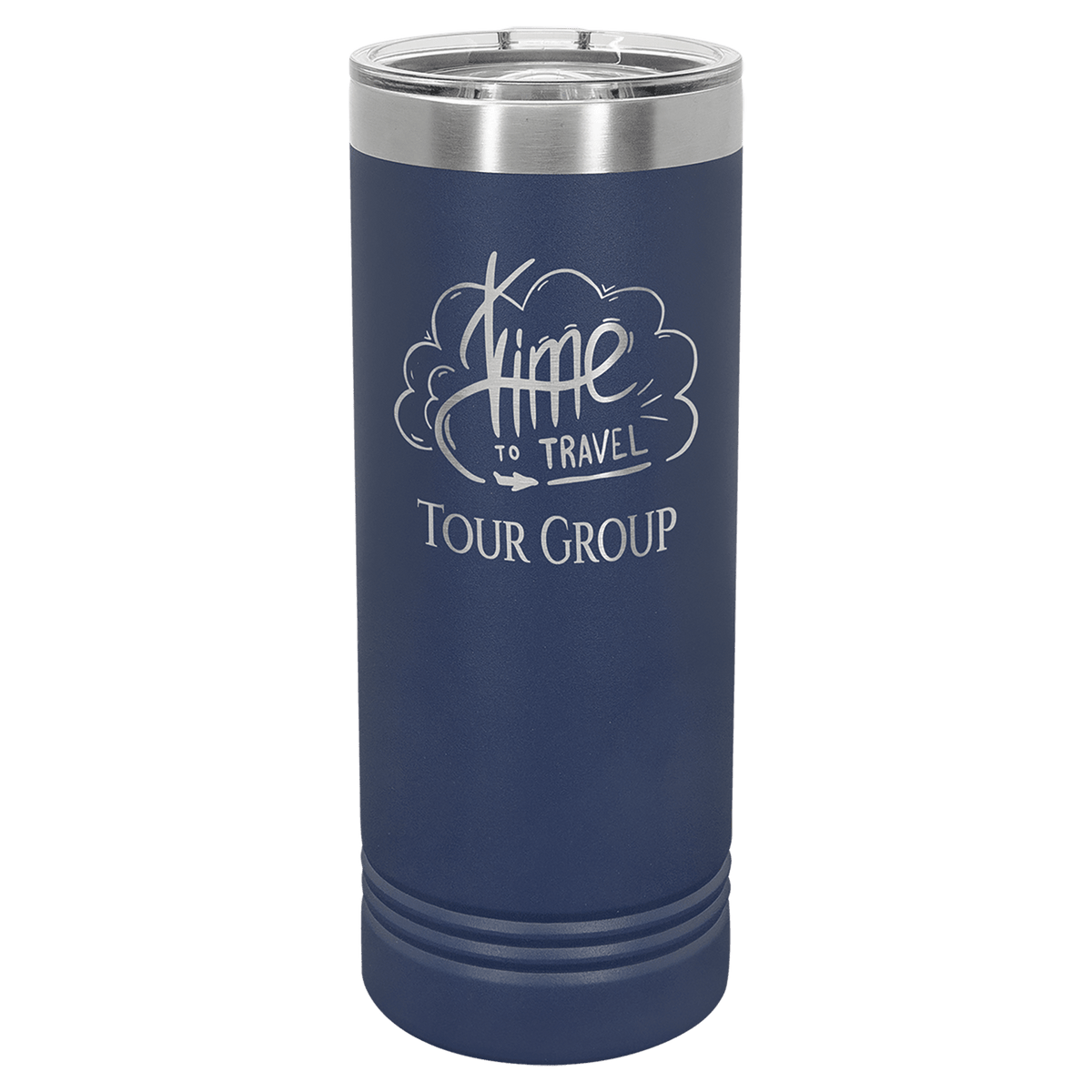 Navy blue powder-coated 22 oz. skinny tumbler with a stainless steel rim and clear slider lid, shown with a sample engraving