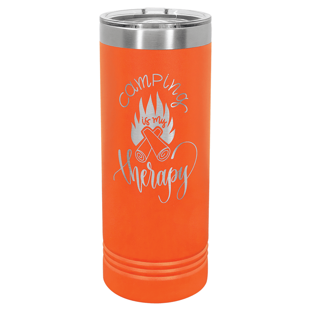 Orange powder-coated 22 oz. skinny tumbler with a stainless steel rim and clear slider lid, shown with a sample engraving