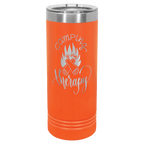 Orange powder-coated 22 oz. skinny tumbler with a stainless steel rim and clear slider lid, shown with a sample engraving